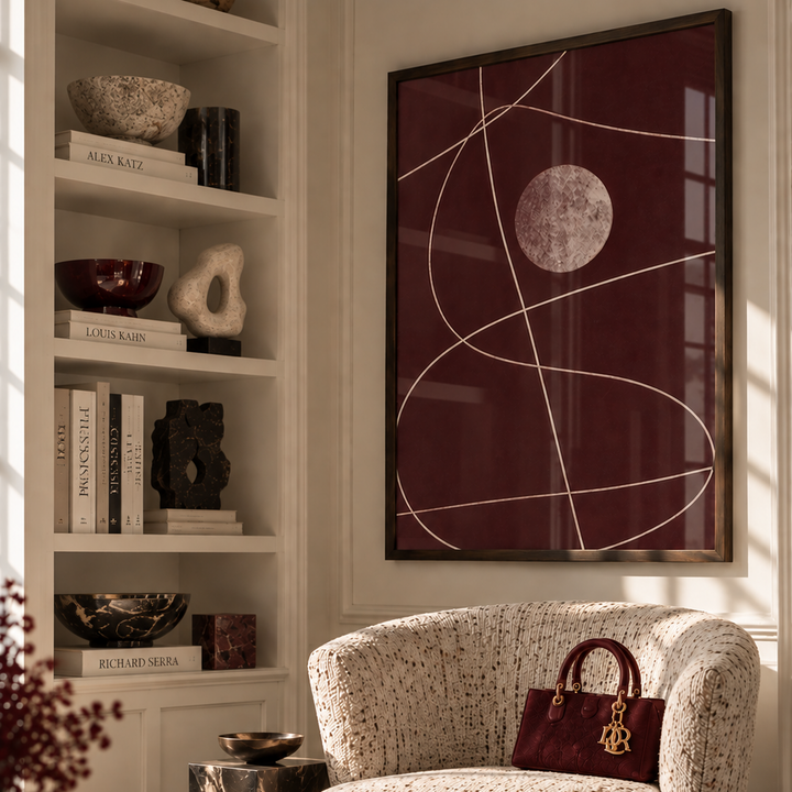 Deep Red Abstracts Poster styled in a dark brown frame in a luxury London living room