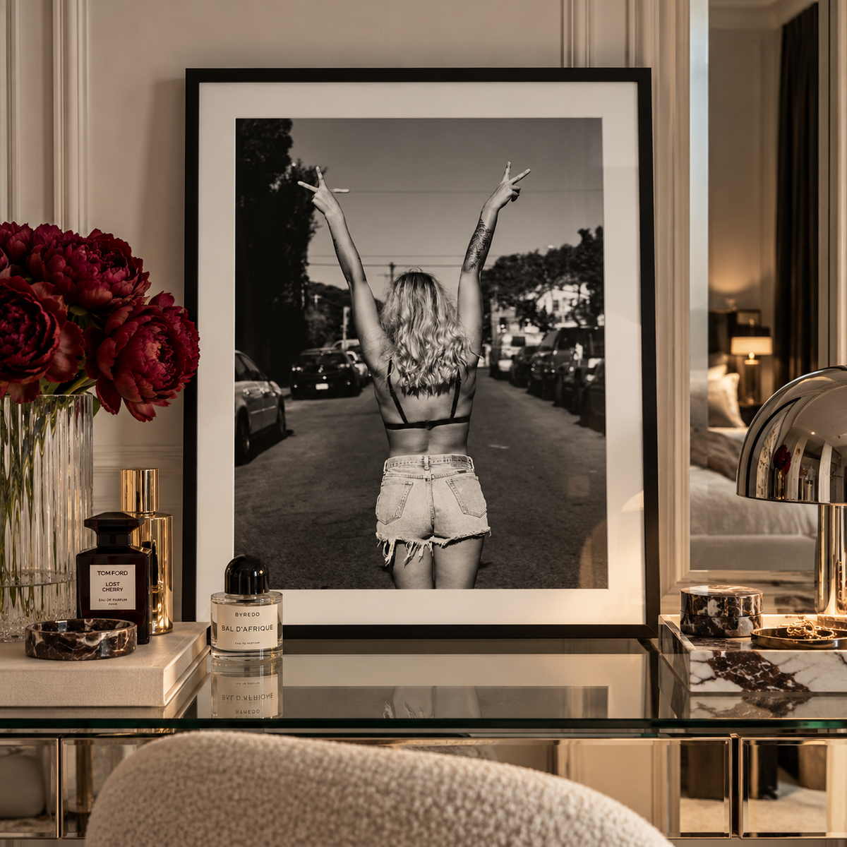 black and white photography print in luxury bedroom