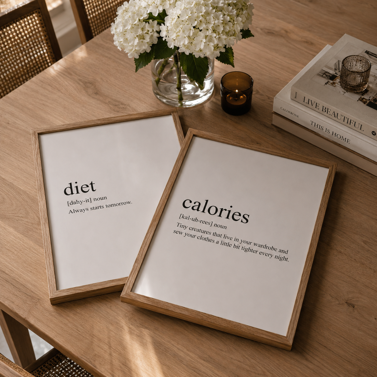 Two framed prints on a wooden table with flowers and books in the background