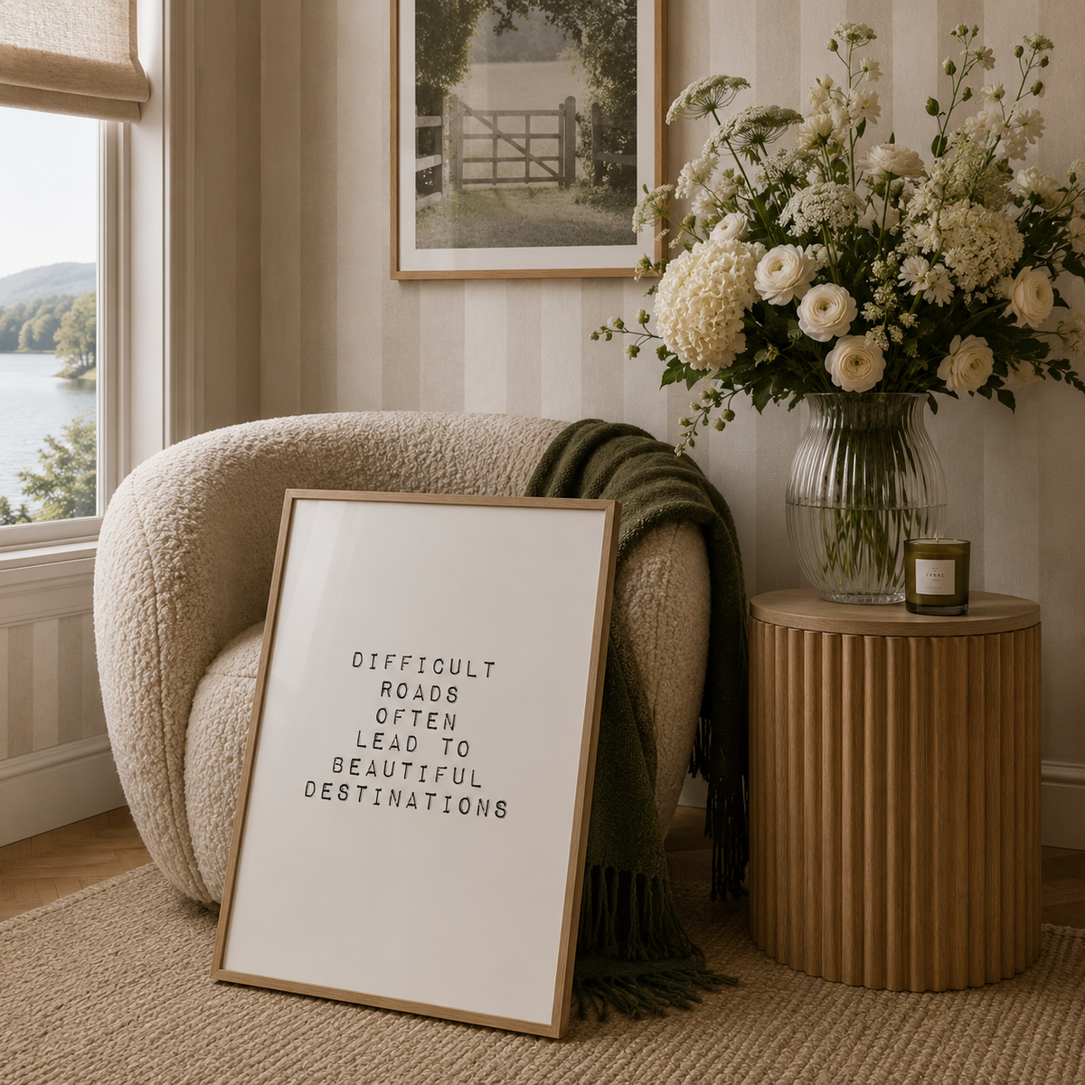 A framed typographic art print with black text on a white background leans against a cream bouclé armchair in a styled room. The scene includes a ribbed wood side table with a vase of white flowers, a candle, a window with a lake view, and a framed landscape print on the wall.