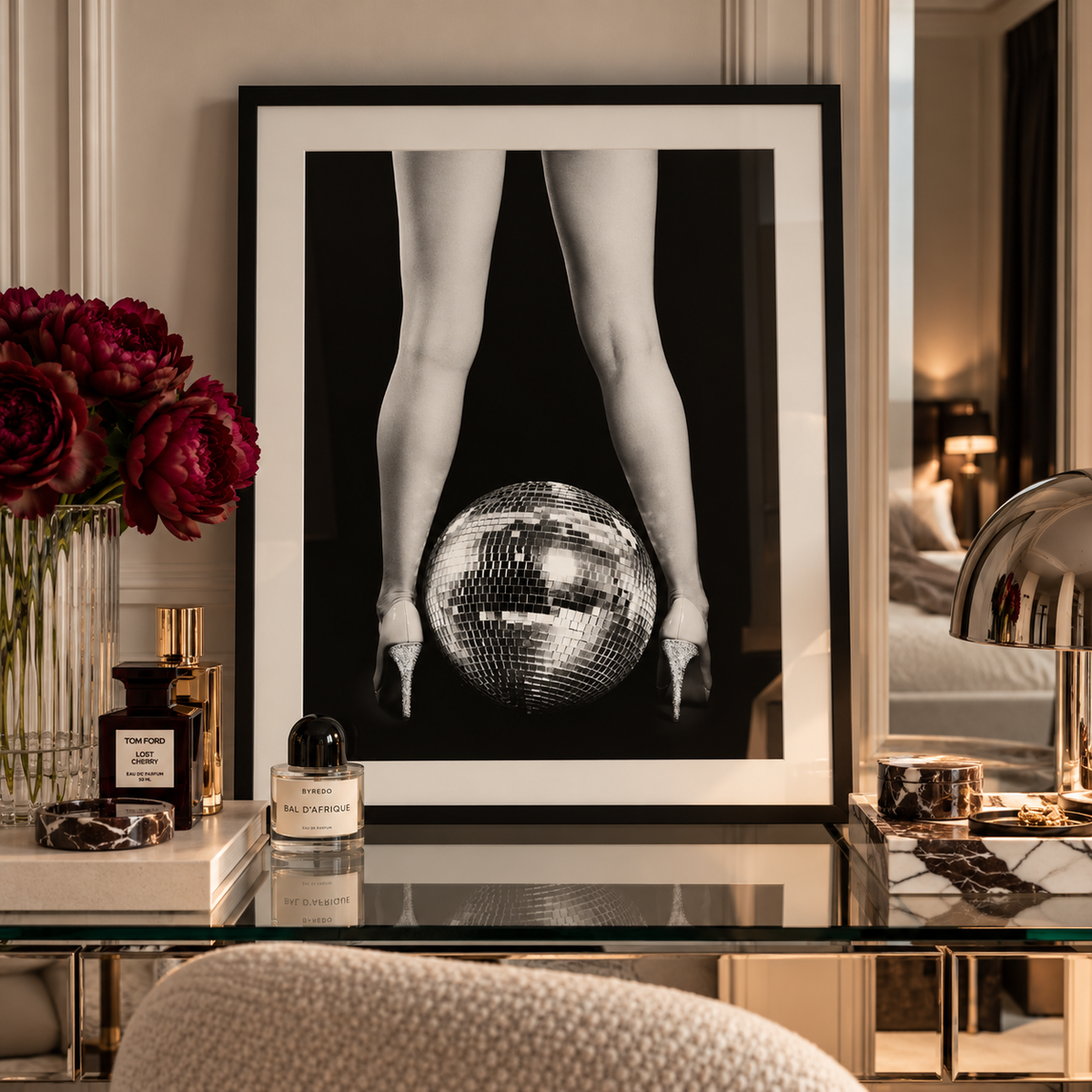 black and white photography art in luxury bedroom