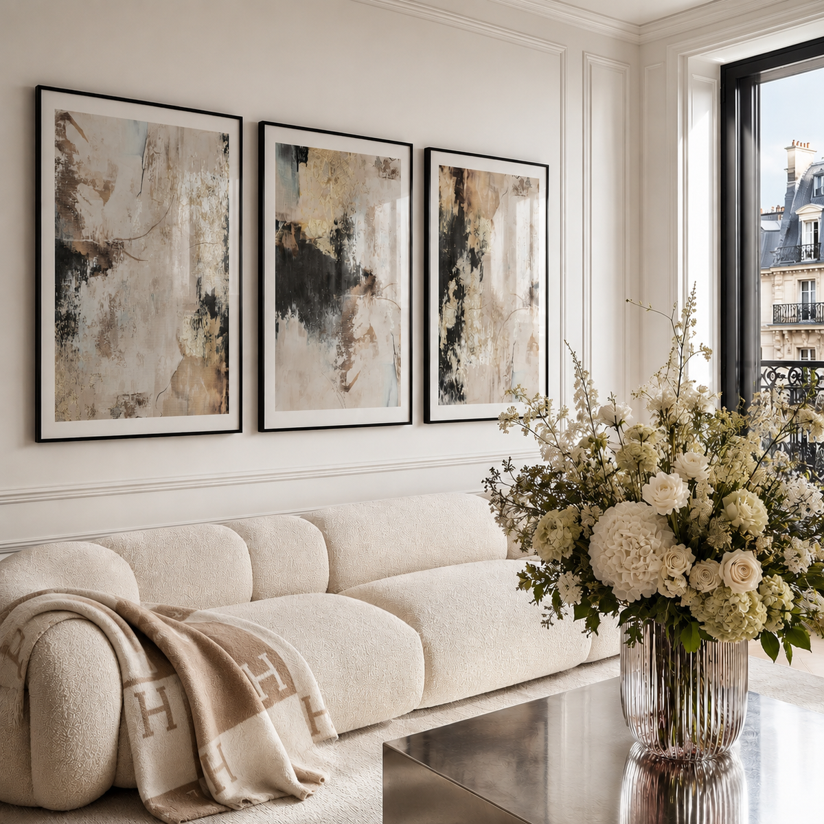 Three framed abstract wall art prints in black frames hang above a cream boucle sofa in a bright living room. A large vase of white and cream flowers sits on a reflective table in the foreground, and a window on the right shows a Parisian-style building exterior.