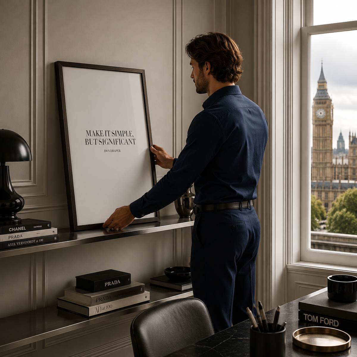 A man in a navy blue shirt and trousers hangs a large Mad Men Walnut-framed art print on a shelf in a modern room. The print features minimalist black text on a white background.