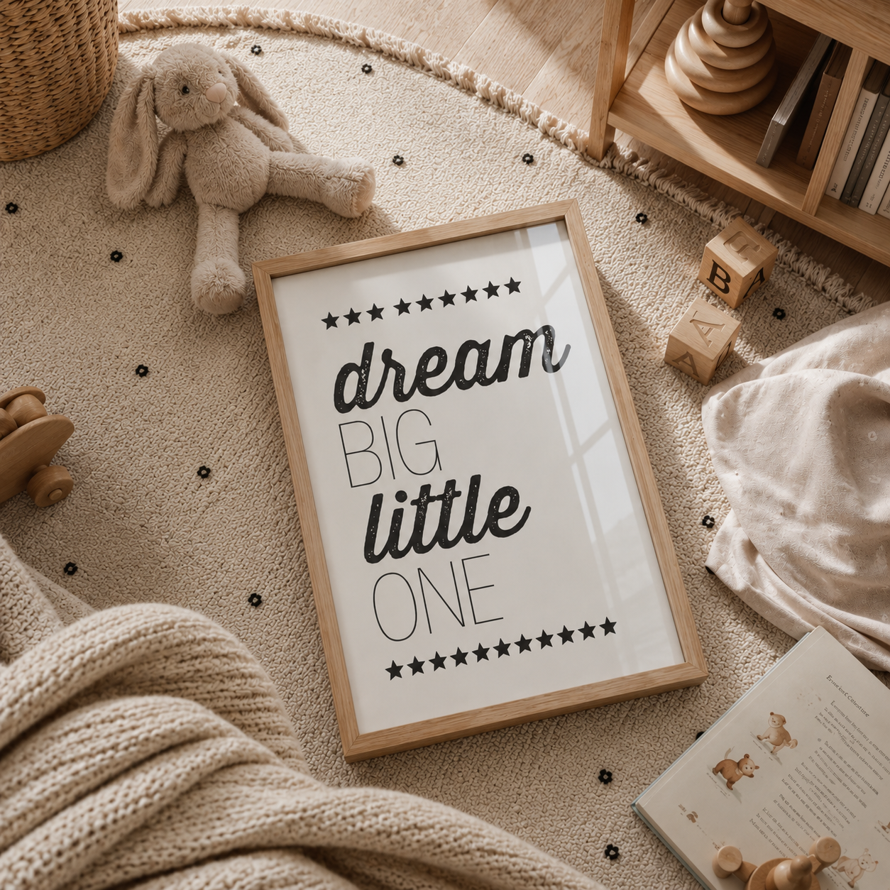 A framed nursery wall art print reading 'dream BIG little ONE' in black lettering on a white background, styled in a warm neutral children's room with a plush bunny, blanket, wooden toys, and rug.