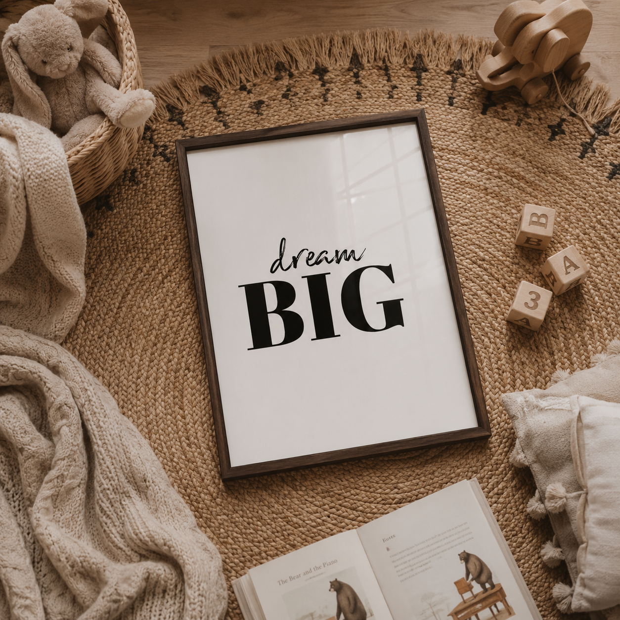 A framed typographic wall art print reading “dream BIG” in black lettering on a white background, styled in a warm neutral room with a woven rug, knit blanket, wooden toys, and an open book.