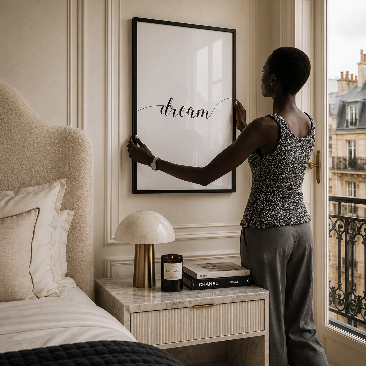 Woman hanging a framed print with the word 'dream' in a bedroom.
