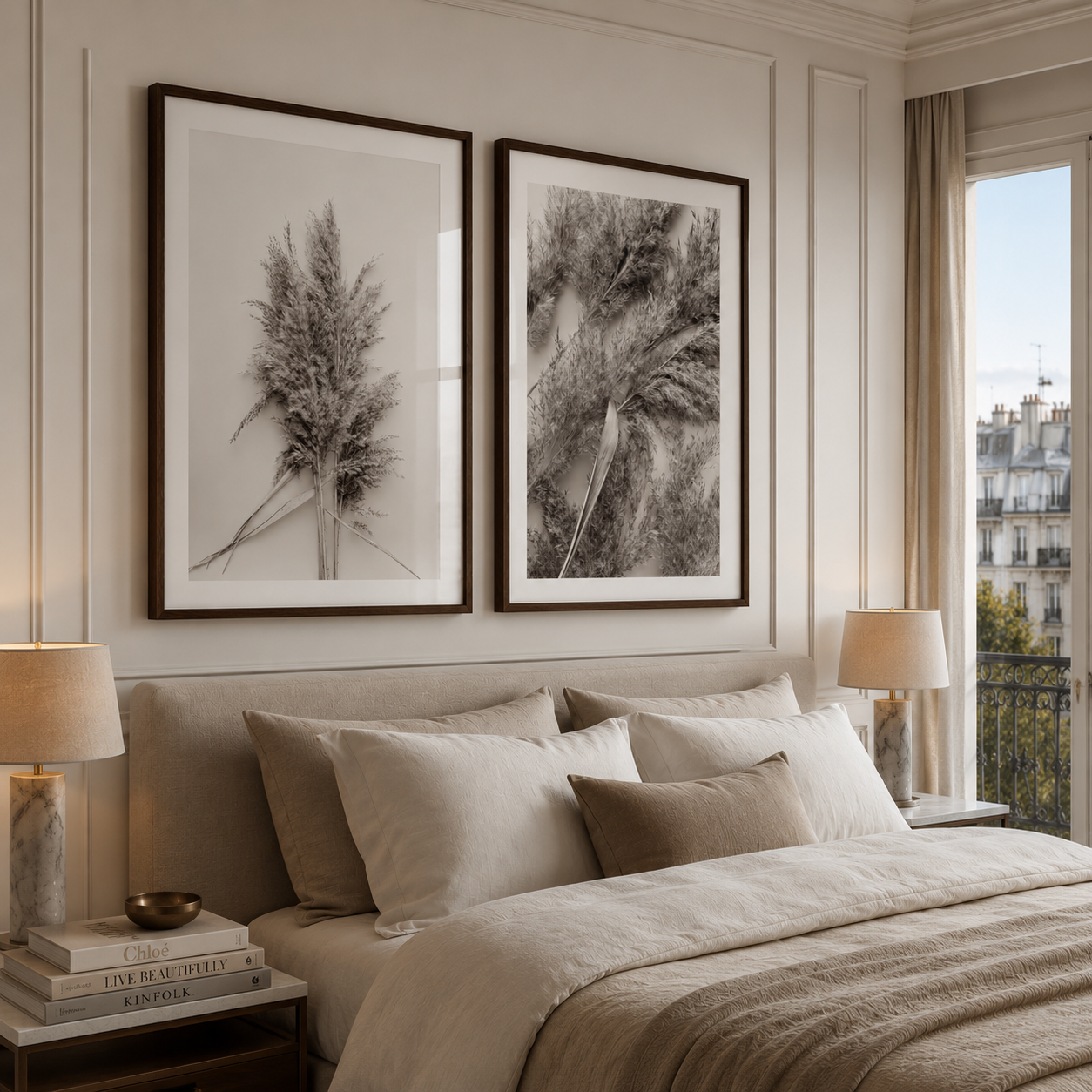 A styled bedroom interior with two large framed black-and-white botanical prints above a bed. The room has cream walls, a upholstered headboard, beige bedding, matching pillows, bedside tables, lamps, and a window with curtains.