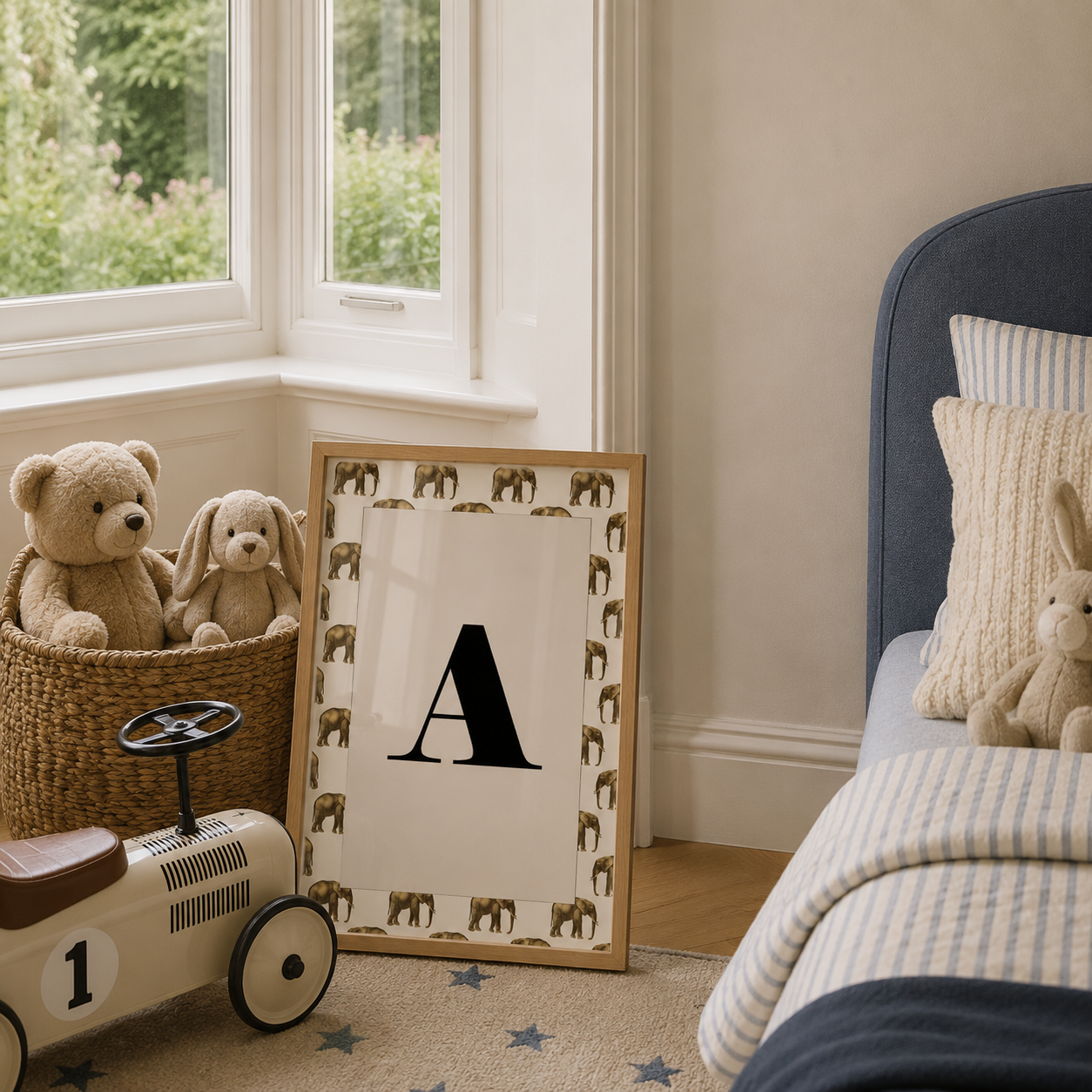 A framed personalized nursery print leaning on a rug in a child's bedroom. The print features a large black letter 'A' surrounded by a border of small brown elephants on a white background, enclosed in a light wood frame.