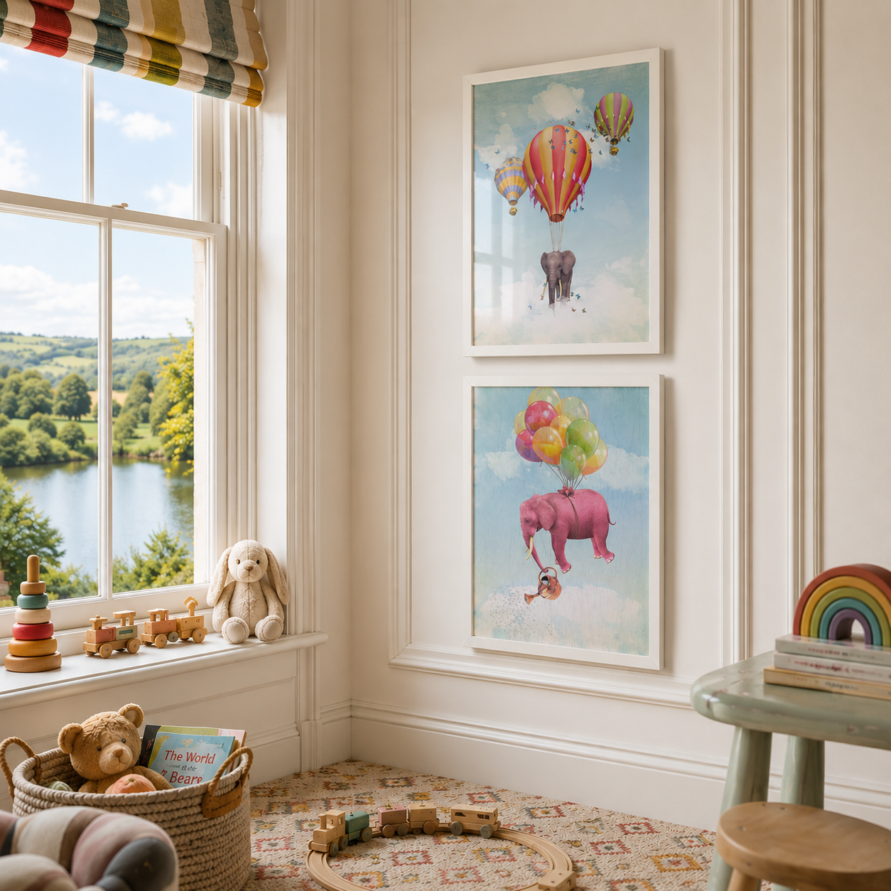 A styled children's room corner with two framed whimsical art prints hanging on a cream wall. The prints show elephants floating in the air with colorful hot air balloons, one gray and one pink, against a light blue sky.