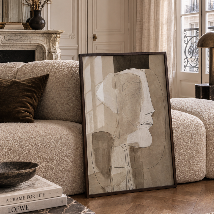 abstract illustrated face art in a luxury london apartment living room