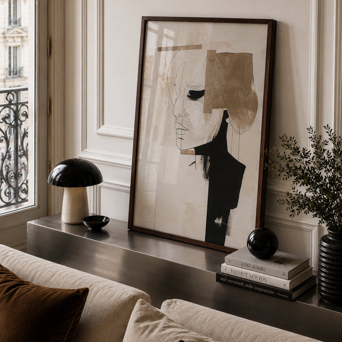 A framed abstract art print with black, beige, and brown shapes leans against a cream wall on a dark console table in a styled living room setting.