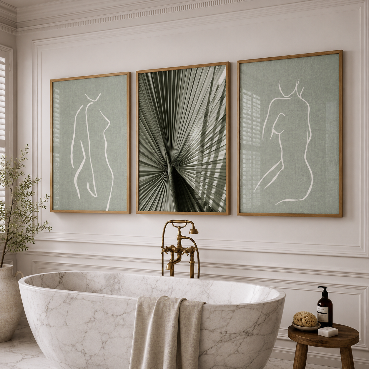 Three framed wall art prints hang above a freestanding marble bathtub in a styled bathroom. The left and right frames show minimalist white line drawings of female figures on a muted sage green background, and the center frame shows a dark green palm frond pattern.