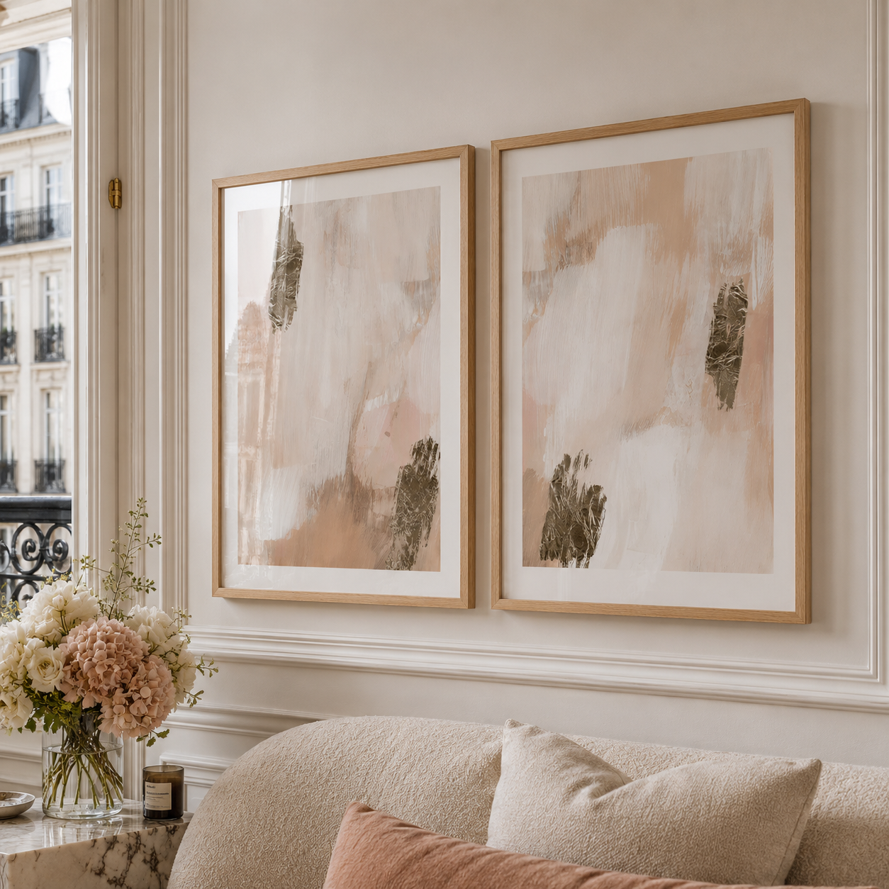 abstract paint stroke wall art in pink an peach colour tones