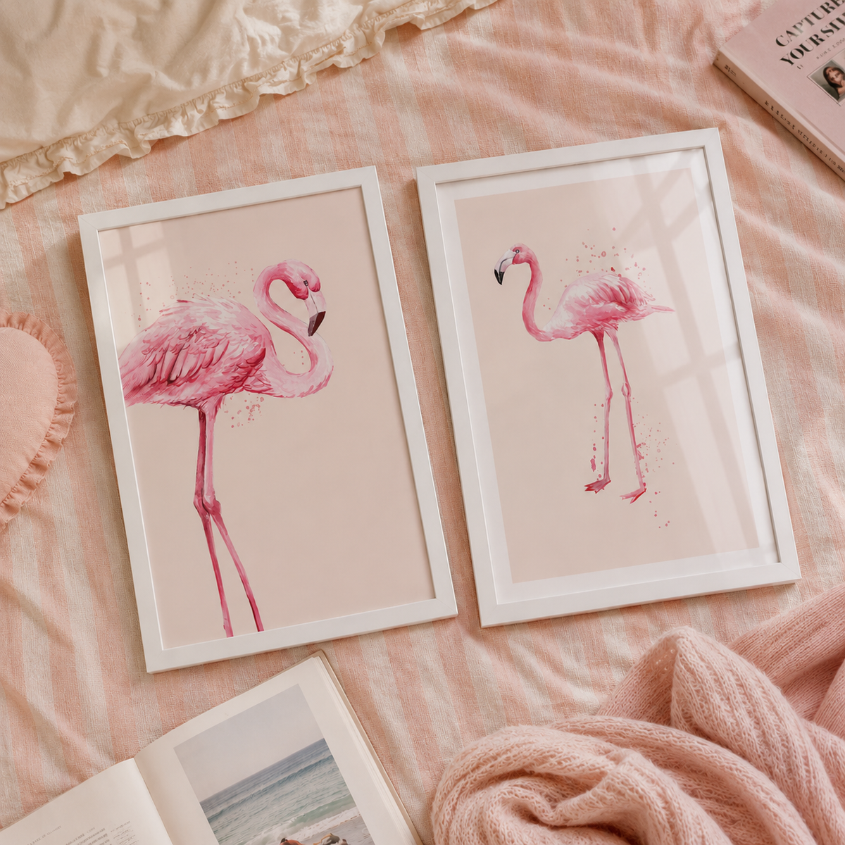 Two framed pink flamingo wall art prints displayed on a soft pink striped bedspread with decorative pillows, a knit blanket, and an open book.