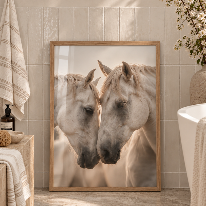 Gentle Horses Poster featuring two white horses resting their heads closely together in soft golden light and warm neutral tones.