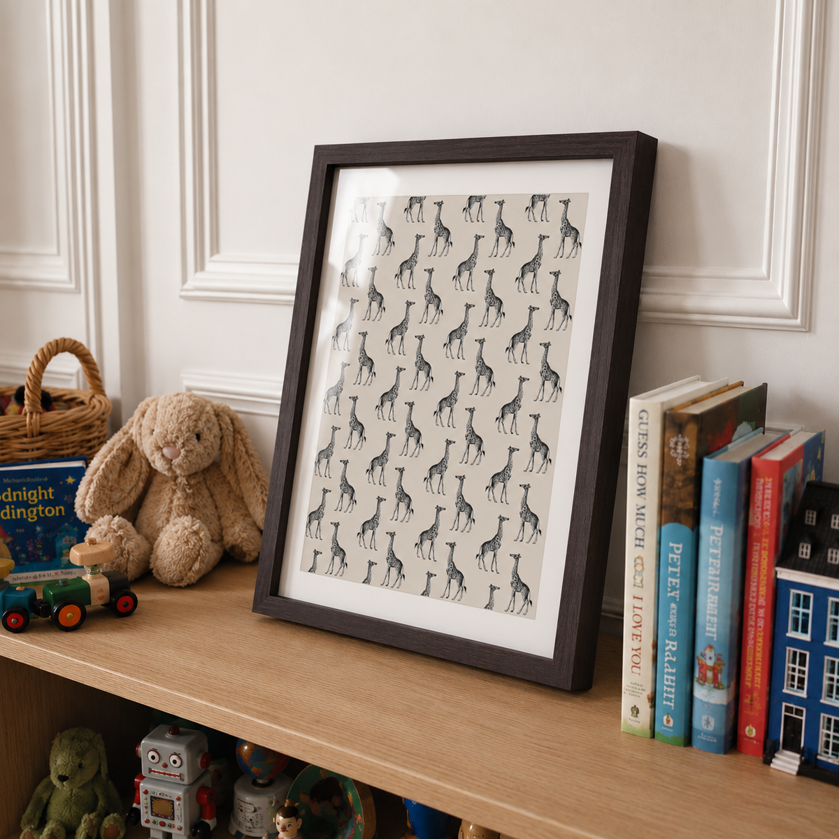 A framed art print featuring a repeating pattern of black giraffe silhouettes on a warm off-white background, styled on a wooden shelf next to a stuffed bunny, books, and toys.