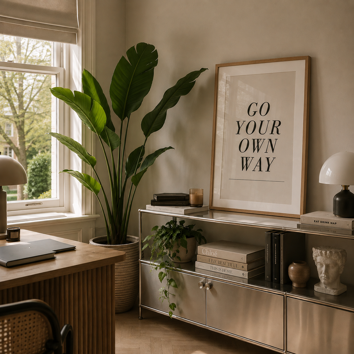 A framed wall art print with the text 'GO YOUR OWN WAY' in black serif lettering on a light background, displayed in a wood frame on a silver credenza in a styled home office setting.