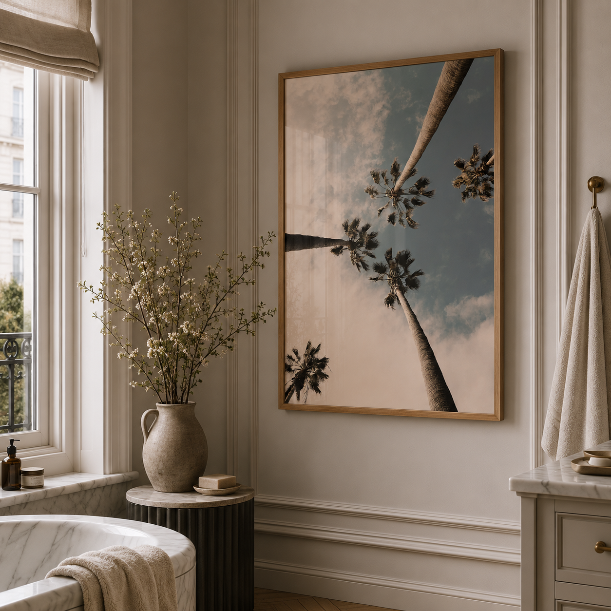 A framed wall art print depicting palm tree trunks and fronds against a pale sky, displayed in a styled bathroom setting with a window, vase of dried branches, and towels.