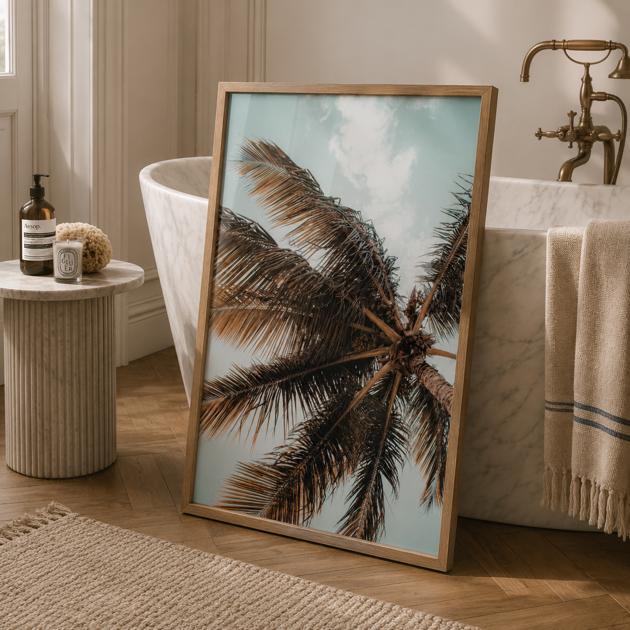 A framed wall art print featuring a close-up tropical palm tree against a pale blue sky, leaning against a white marble bathtub in a styled bathroom setting.