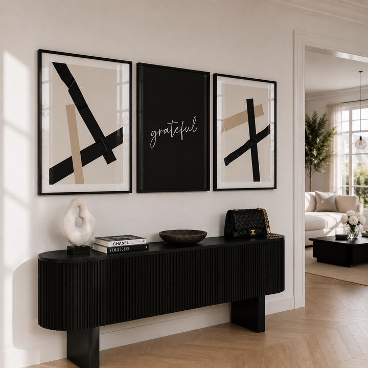 black and neutral wall art in stylish luxury home
