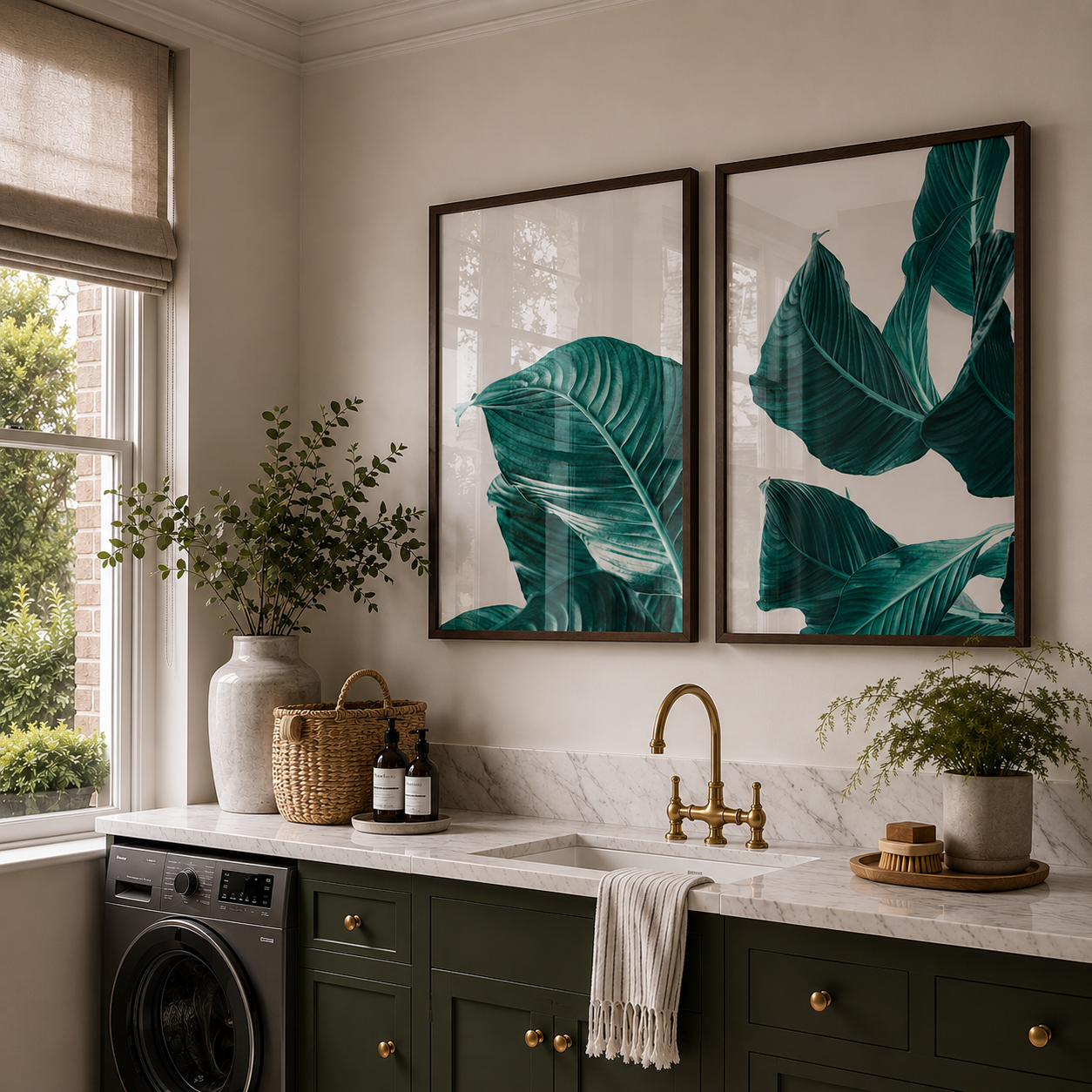 A styled bathroom or laundry corner with two framed botanical prints featuring large green tropical leaves on a white background, hung above a dark green vanity with a marble countertop, brass faucet, and potted plants.