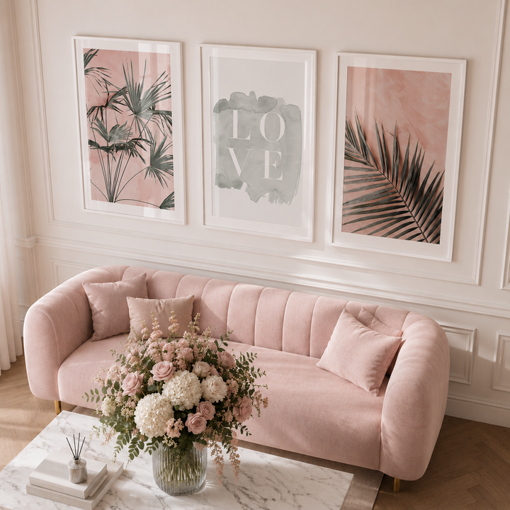 A styled interior scene with a blush pink velvet sofa, three framed botanical and typographic wall prints above it, and a floral arrangement on a marble coffee table.
