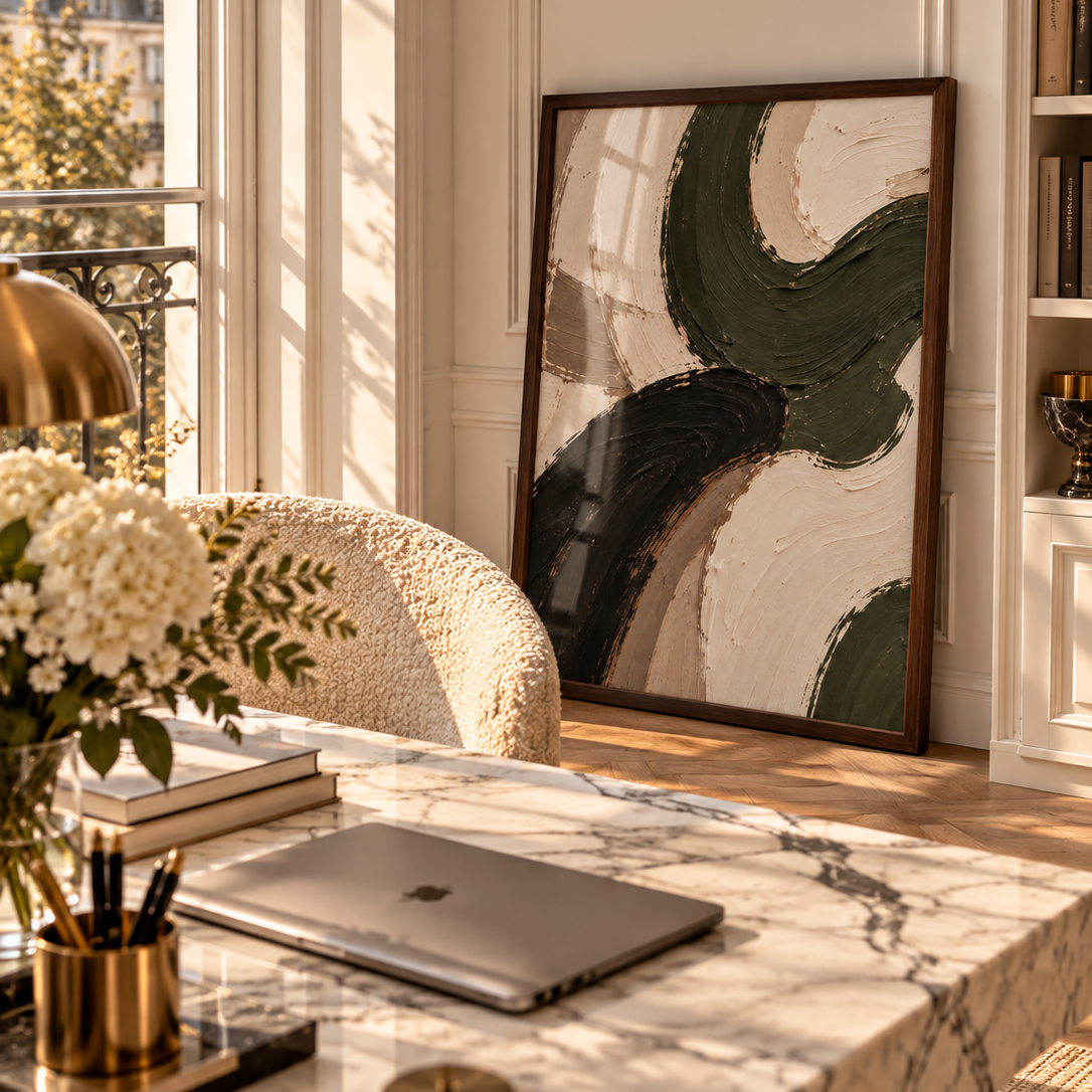 Abstract textured painting with thick brushstrokes in dark green, black, beige, and taupe.