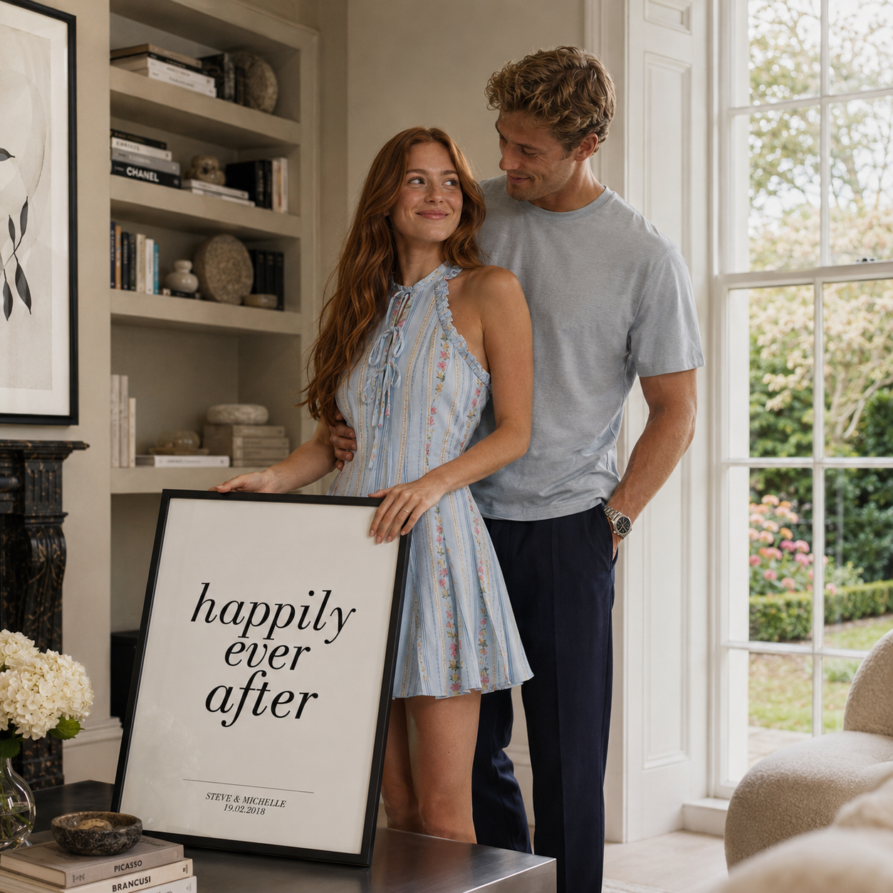 A couple stands in a bright, modern living room holding a framed print that reads 'happily ever after'. The woman wears a ZARA light blue floral halter dress, and the man wears a ZARA light gray t-shirt and dark trousers.