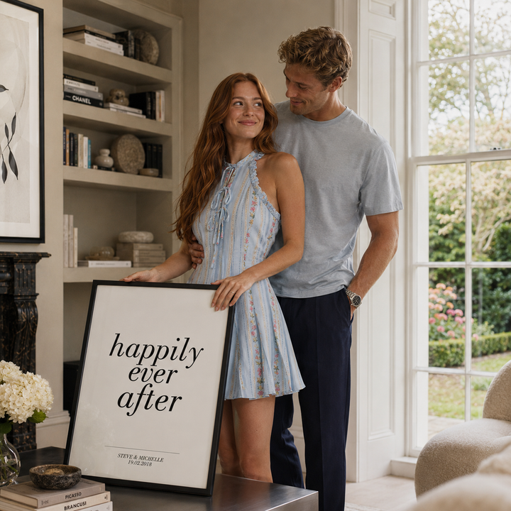 A couple stands in a bright, modern living room holding a framed print that reads 'happily ever after'. The woman wears a ZARA light blue floral halter dress, and the man wears a ZARA light gray t-shirt and dark trousers.
