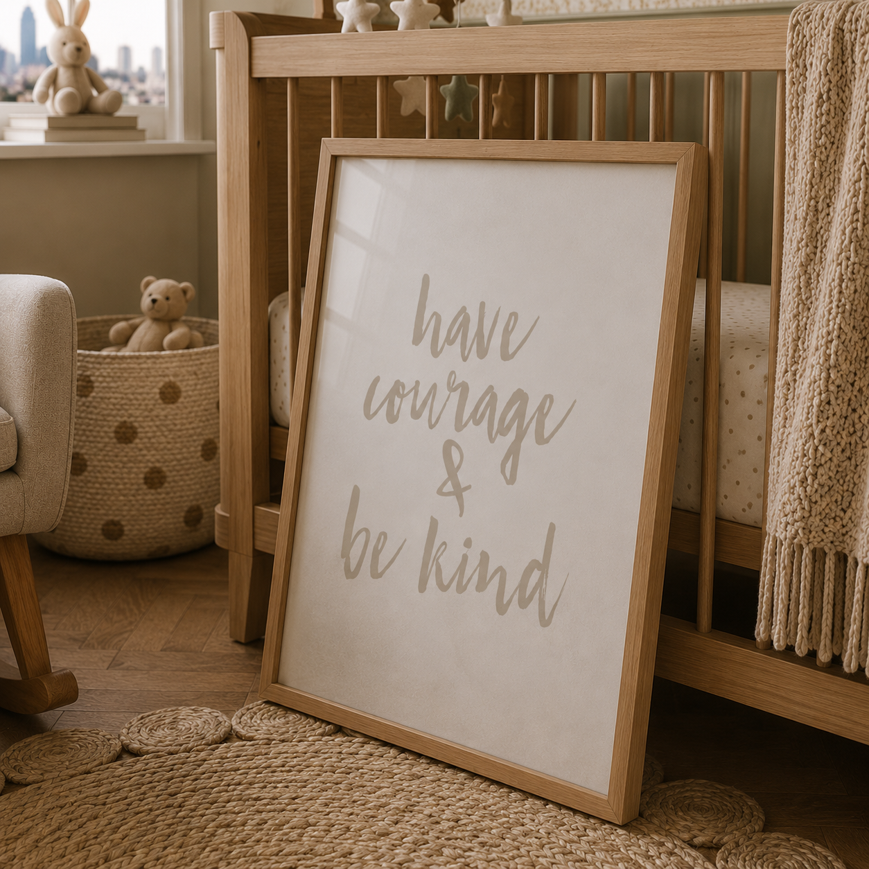 A framed nursery wall art print leaning against a wooden crib in a softly styled baby nursery. The print has a light wood frame and reads 'have courage & be kind' in a muted taupe script on a warm off-white background.