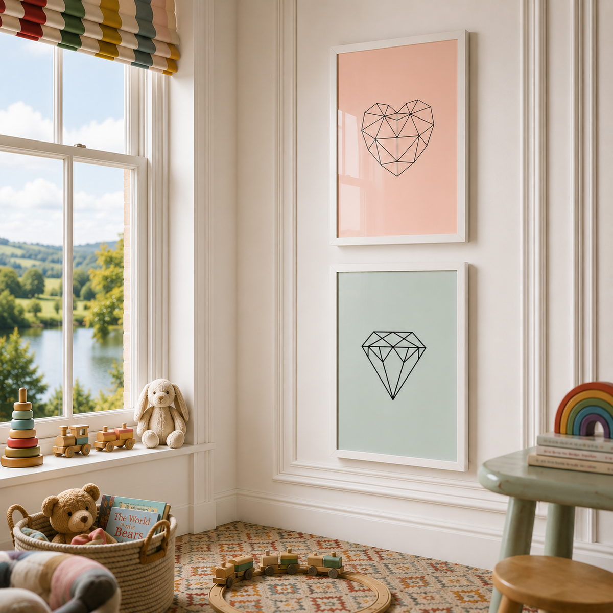 A styled children's room corner with two framed wall art prints hanging on a white paneled wall. The top print shows a geometric heart on a soft peach background, and the bottom print shows a geometric diamond on a pale mint green background.