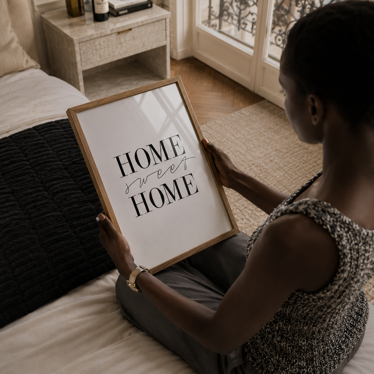 Woman holding a framed 'Home sweet Home' wall art in a bedroom.
