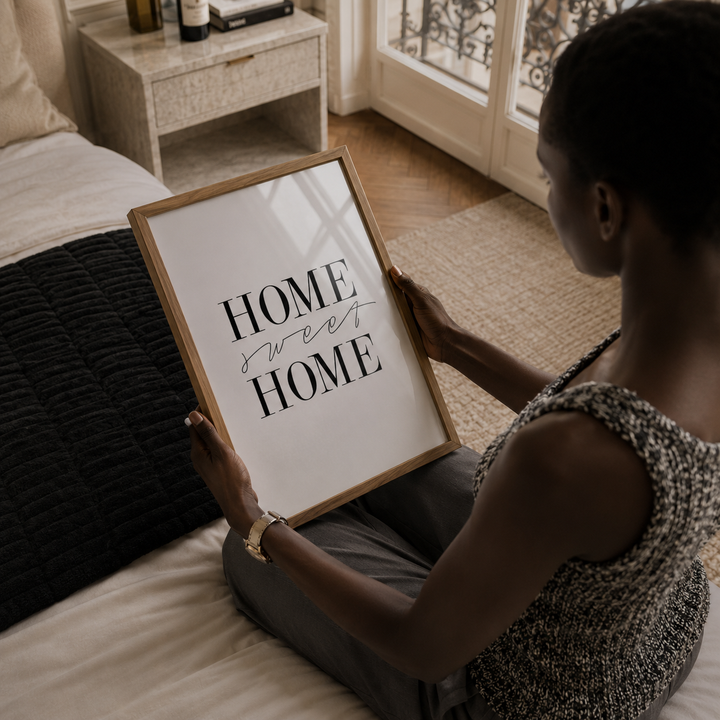 Woman holding a framed 'Home sweet Home' wall art in a bedroom.