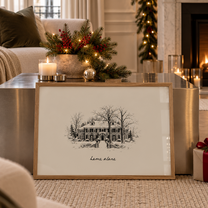 Hand-drawn illustration style wall art of the iconic Home Alone house, rendered in a charming, nostalgic style that captures the warmth and whimsy of the beloved film. 