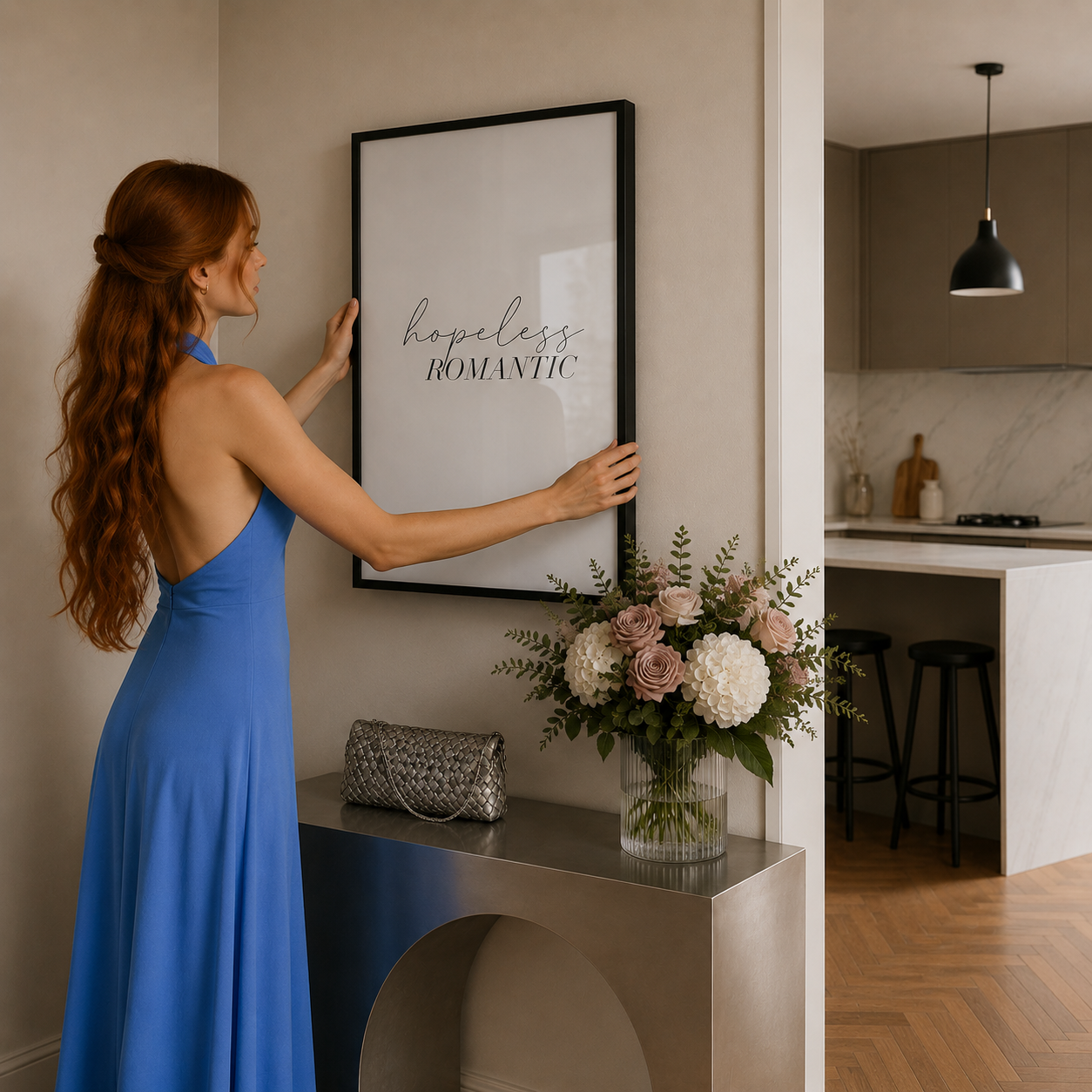 A woman in a blue dress hangs a framed wall print in a modern interior. The print has a black frame and reads 'hopeless ROMANTIC' in script.