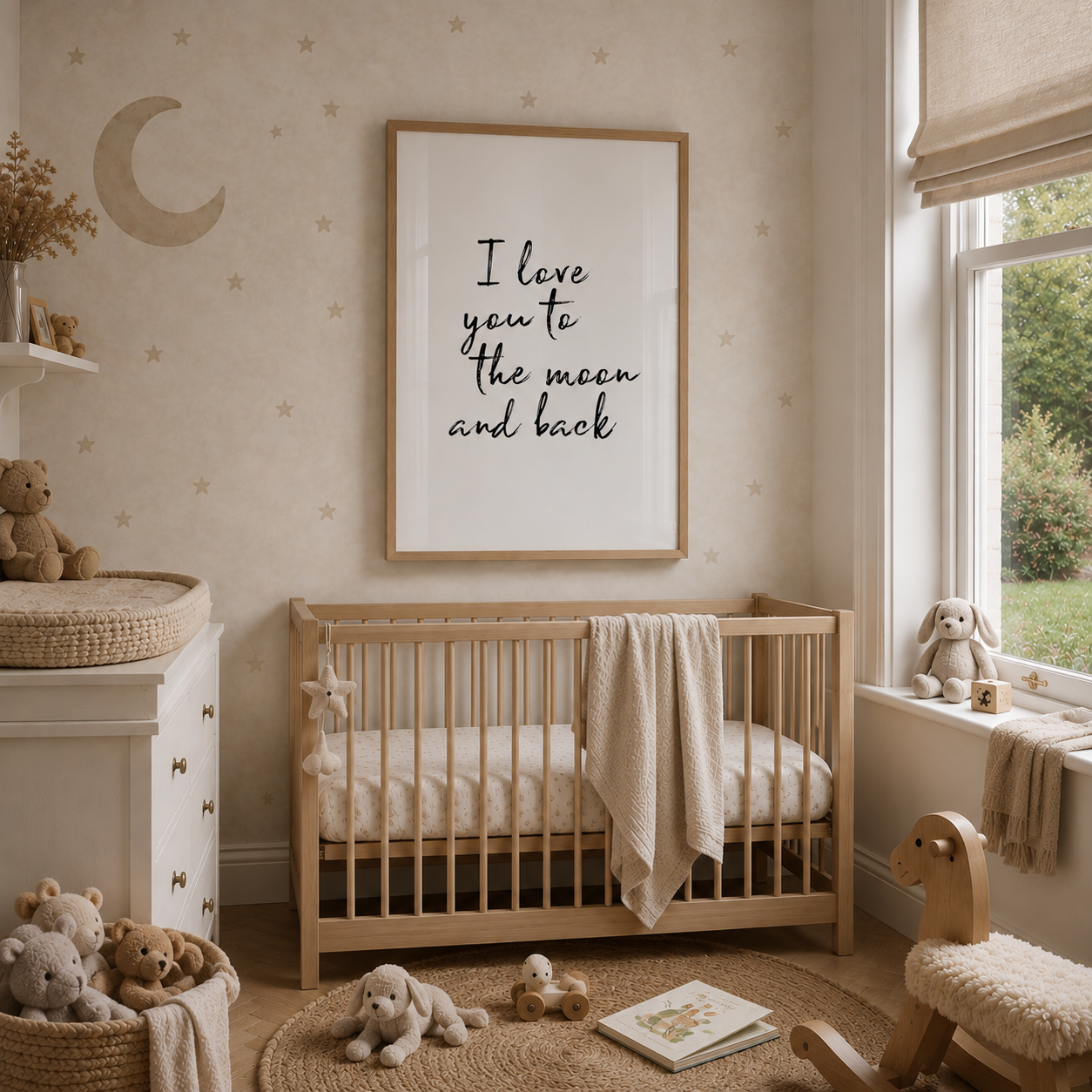 A framed nursery wall art print with the text 'I love you to the moon and back' in black script on a white background, hanging above a light wood crib in a softly styled baby nursery with beige wallpaper, teddy bears, a window, and a rocking horse.