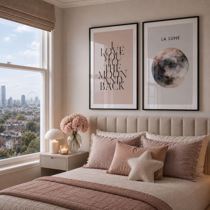 A styled bedroom interior with a bed dressed in blush and beige linens, two framed wall prints above the headboard, a window with a city view, and a bedside table with a lamp and flowers.