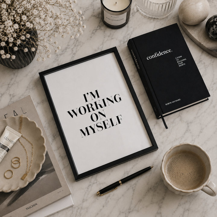 A styled flat-lay featuring a black-framed motivational print that reads 'I'M WORKING ON MYSELF' on a white background, placed on a light marble surface alongside a black notebook, pen, coffee cup, jewelry dish, and dried flowers.