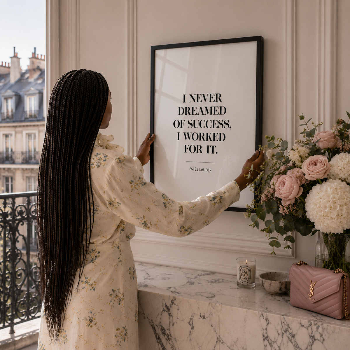 A woman in a cream floral dress hangs a framed motivational quote print on a beige wall. The print features a black frame and black text that reads, 'I NEVER DREAMED OF SUCCESS, I WORKED FOR IT.
