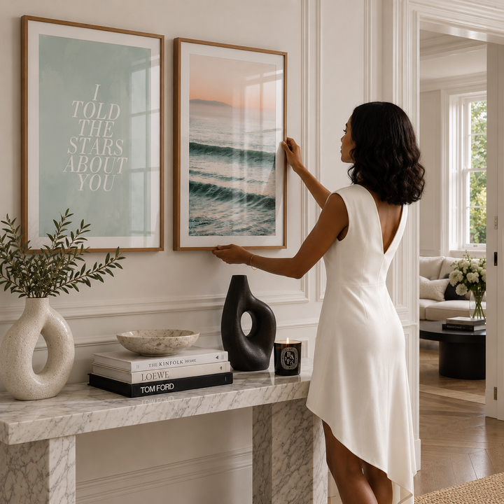 A woman in a white dress hangs a framed ocean print on a white paneled wall in a bright living room. Another framed art print with text hangs beside it, and a marble console table with decorative objects is below.