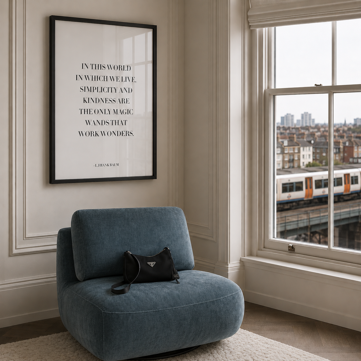 A framed typographic wall art print with a quote hangs on a cream wall above a blue upholstered FRANCES armchair by Danetti in a bright room. A black handbag rests on the chair, and a window shows a London Overground train passing outside.
