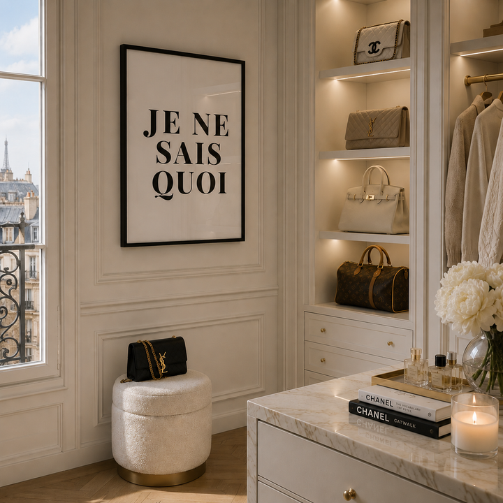 A framed black-and-white typographic wall print reading “JE NE SAIS QUOI” hangs in a bright, elegant room with cream paneling, built-in shelves, handbags, a marble console, and a window overlooking a Parisian-style building.