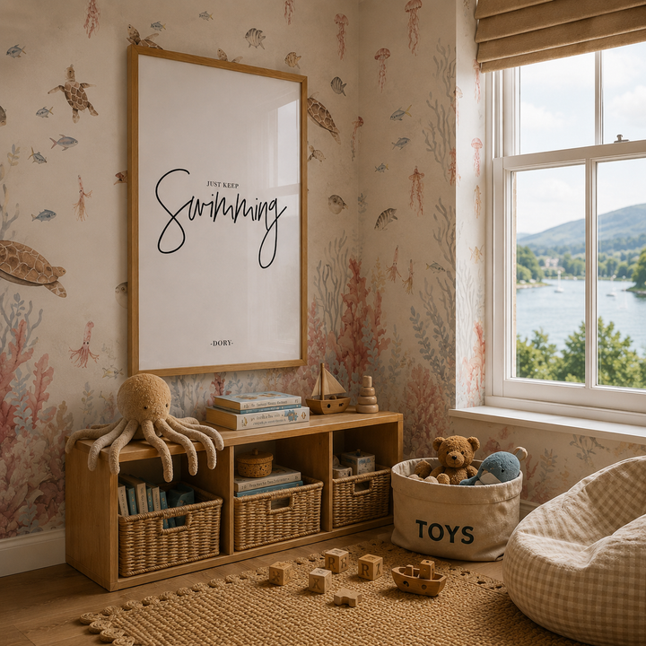 A styled children's room corner with nautical wallpaper, a large framed wall print reading 'Swimming', a wooden toy storage shelf with baskets, a stuffed octopus, a teddy bear in a 'TOYS' basket, and a window overlooking water.