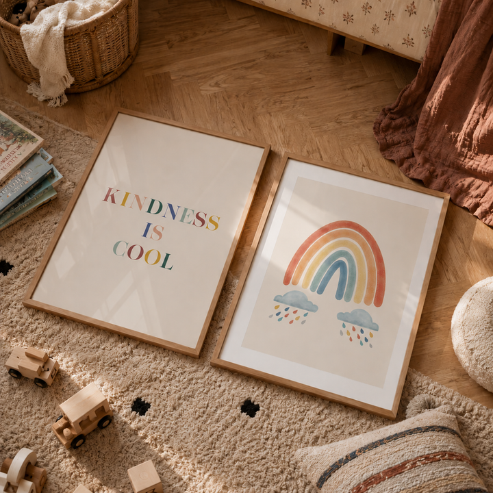 Two framed children's art prints displayed on a beige rug in a styled nursery setting. The left print features the text 'KINDNESS IS COOL' in multicolored letters, and the right print shows a pastel rainbow with clouds and raindrops.