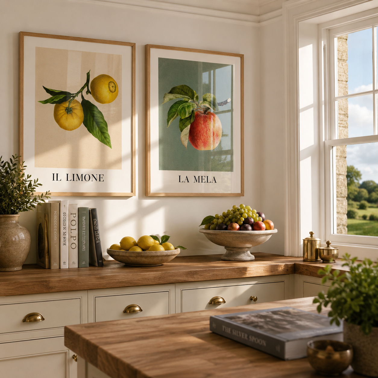 Kitchen interior with fruit-themed wall art and a window view.