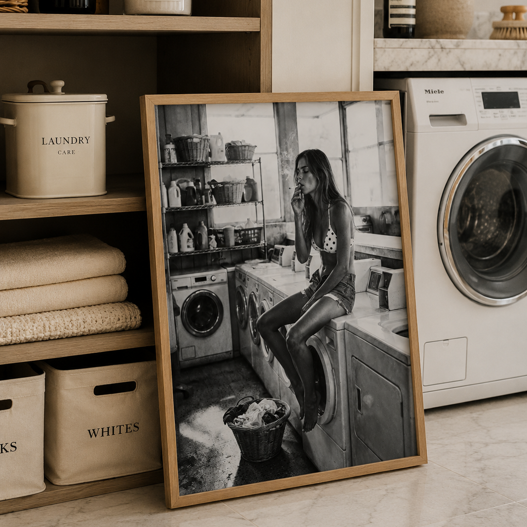 A framed black and white photo print leaning on a marble floor in a laundry room setting, showing a woman sitting on a washing machine. The print has a light wood frame and is surrounded by laundry room items including a washing machine, canisters, and folded towels.