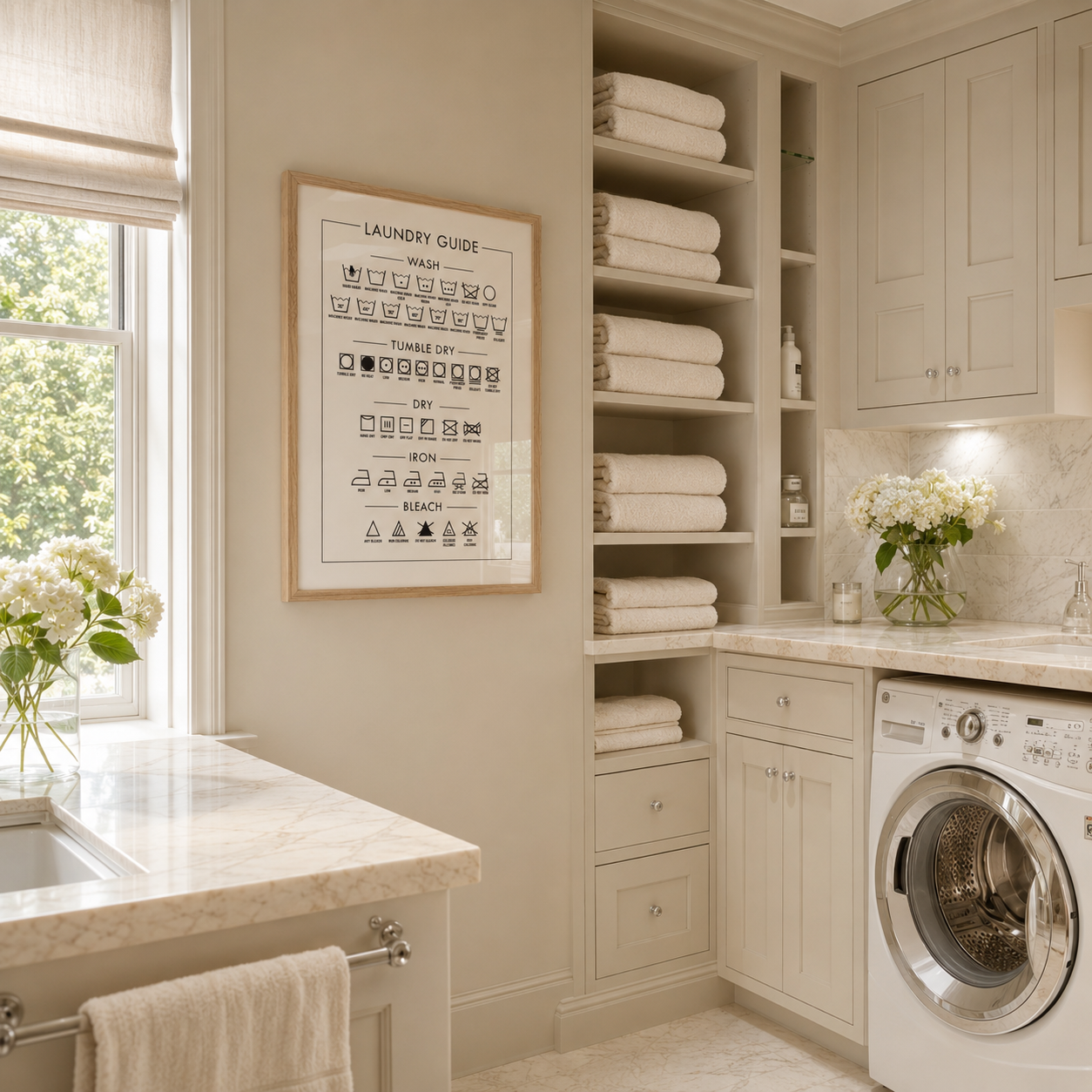 Modern laundry room with shelves, washing machine, and framed laundry guide poster.