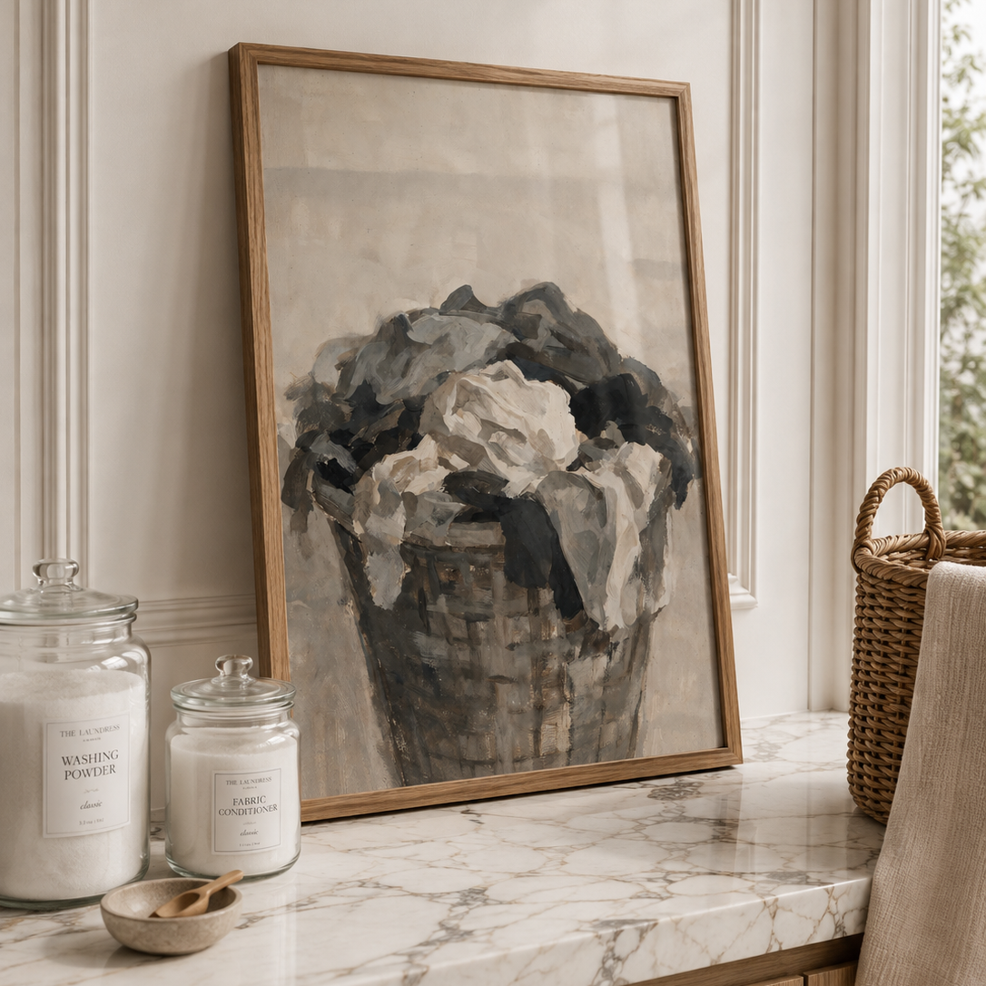 A framed black and white painting of a laundry basket sits on a marble countertop in a styled home interior next to candles and a woven basket.
