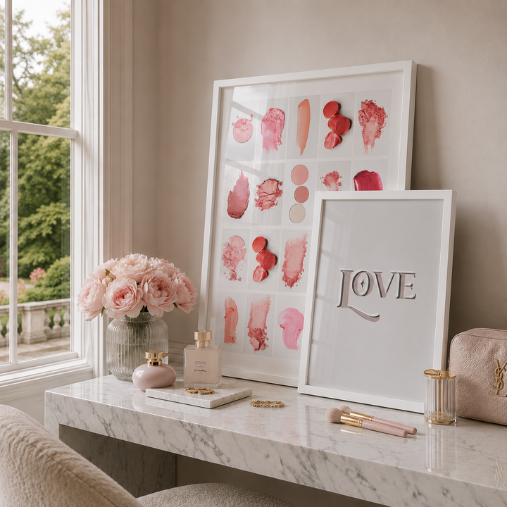 Two white framed art prints displayed on a marble vanity table in a beautifully styled room. The larger print features pink and red cosmetic swatches, and the smaller print features the word 'LOVE' in metallic letters.