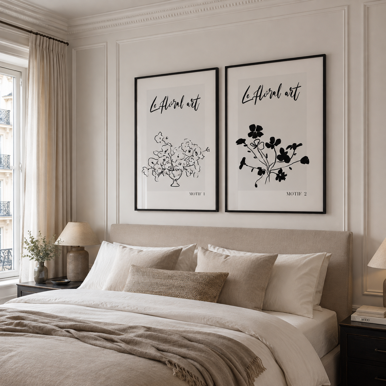 A styled bedroom interior with two framed black-and-white botanical art prints hanging above a bed with neutral bedding and pillows.